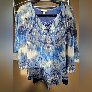 1X Women's Blue & cream, flowy, blouse
